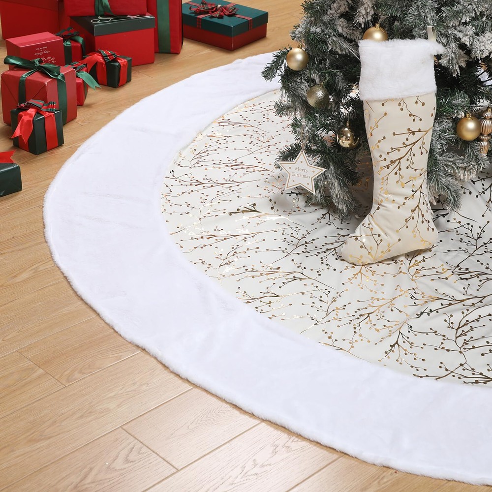 84 Inch Large Christmas Tree Skirt with Christmas Stocking Gold White Extra F