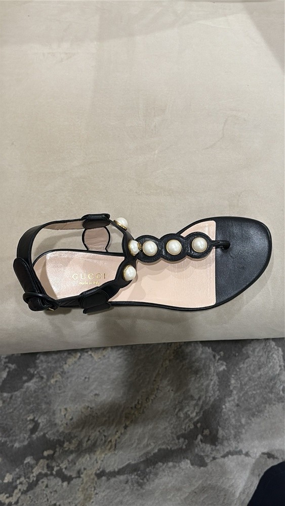 GUCCI Black Leather GG Pearl Studs Ankle Strap Sandals EU 35