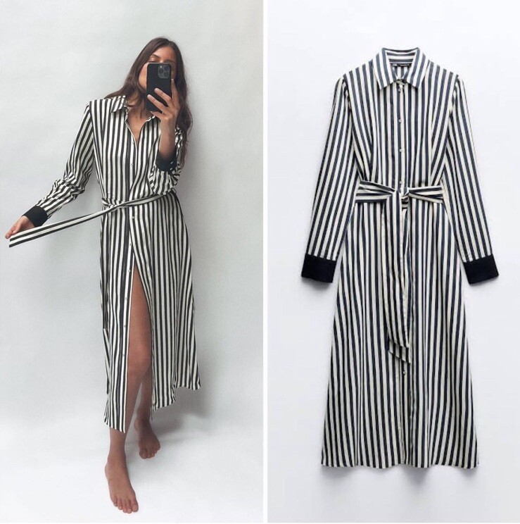 ZARA NEW WOMAN STRIPED MIDI SHIRT DRESS BELTED ECRU NAVY SIZE S REF:2783/816
