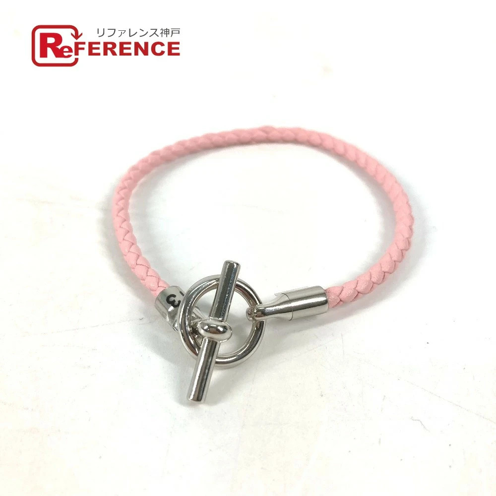 Unused HERMES Glenan Bracelet Bangle Leather Pink Silver w/Box