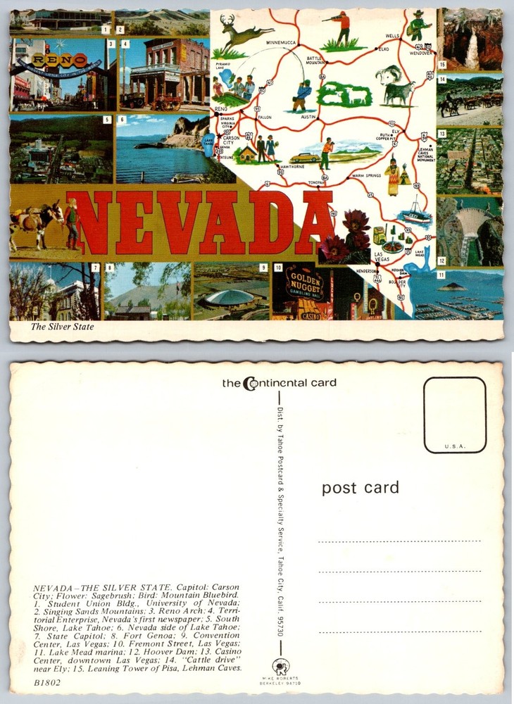 Vintage Nevada Map Postcard - Multi-View Reno Las Vegas Hoover Dam Tahoe