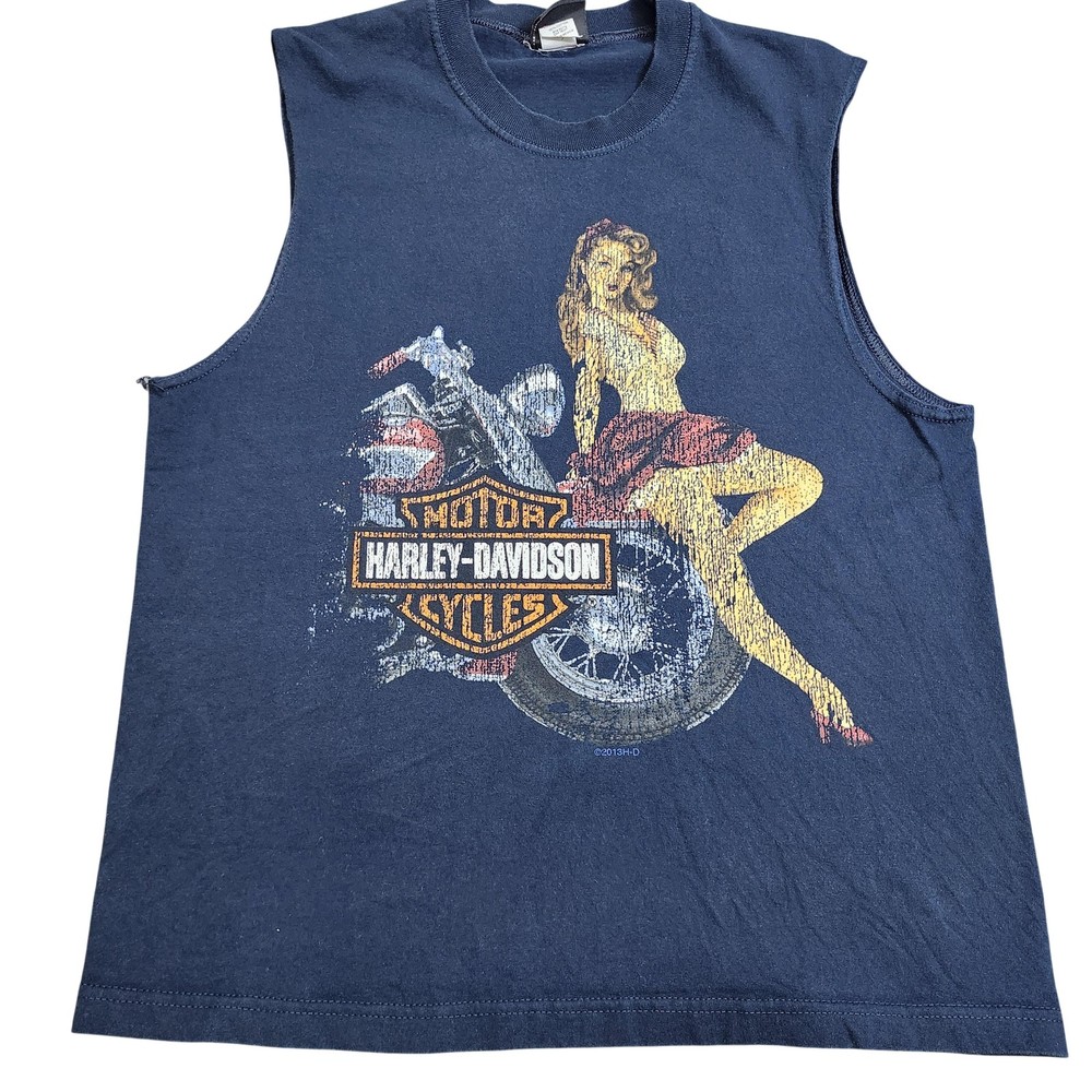Harley-Davidson Shirt Mens Large Blue Texas Thunder Pin-Up Graphic Tank Top