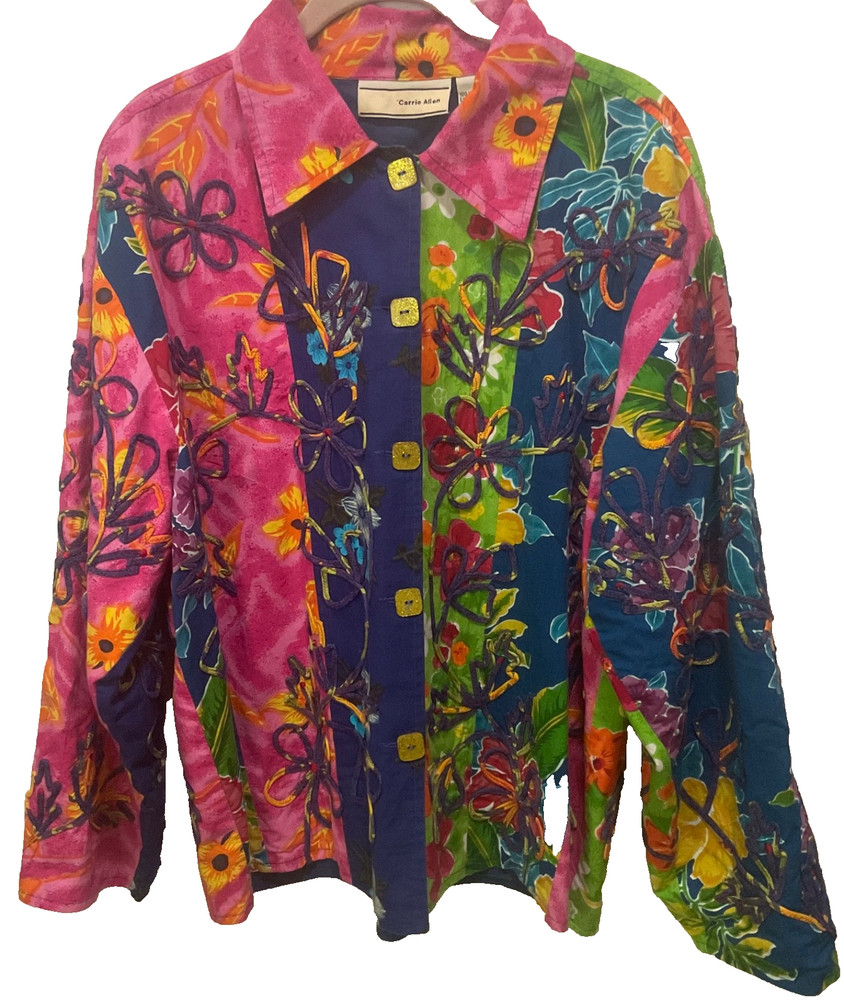 Carrie Allen Vintage Artsy Jacket Size L Multicolor Patchwork Embroider
