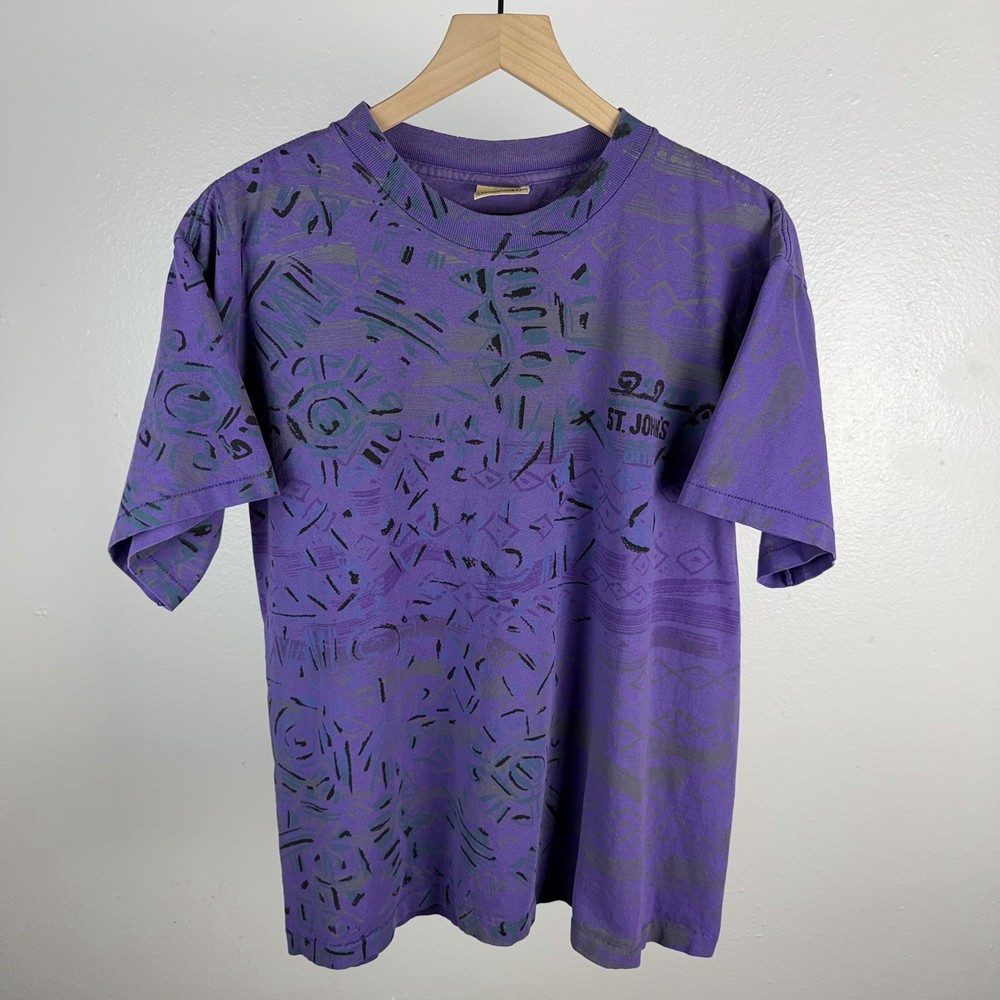 Vintage St Johns Bay T Shirt Single Stitch All Over Print AOP Purple Size Medium