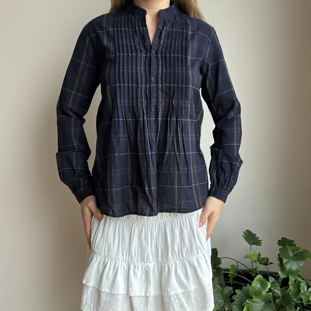 Uniqlo x Ines De La Fressange Women's XS Navy Plaid Long Sleeve Button Up Blouse