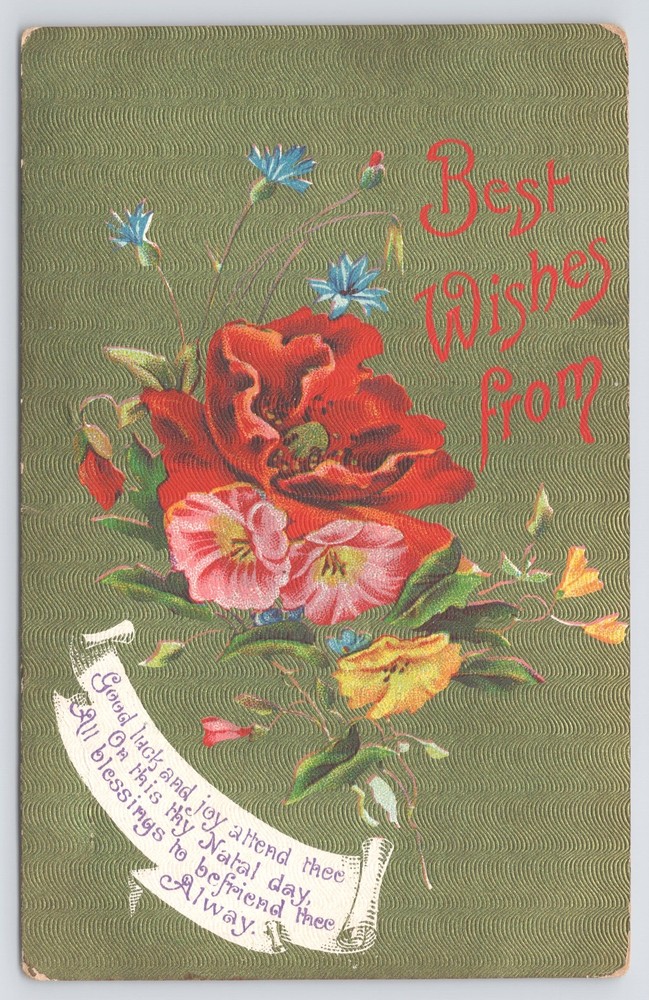 Greetings~Pansies & Best Wishes Poem Greeting~Vintage Postcard