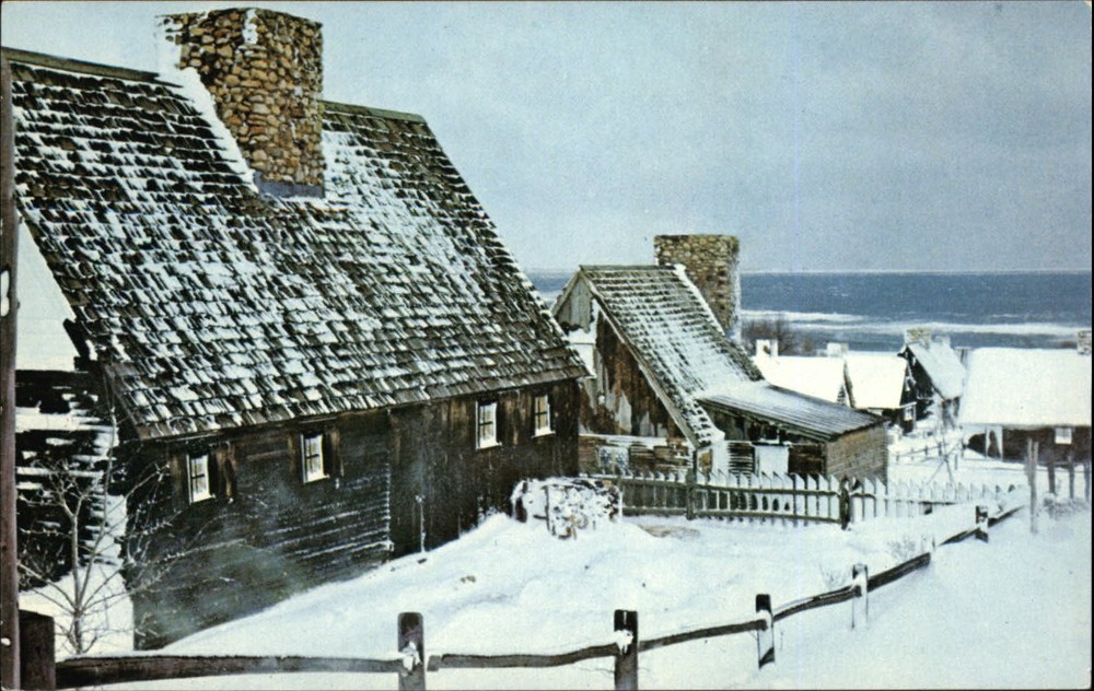 Plymouth MA Plimoth Plantation winter snow replica 1627 Pilgrim Village postcard
