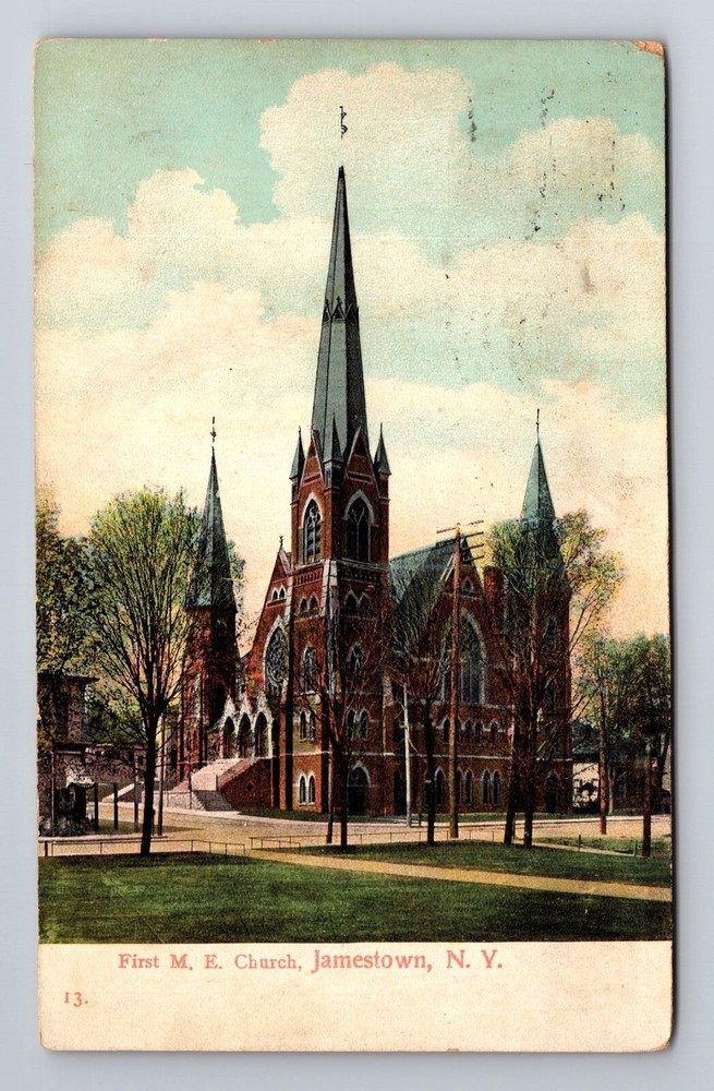Jamestown NY- New York, First ME Church, Religion, Vintage c1909 Postcard