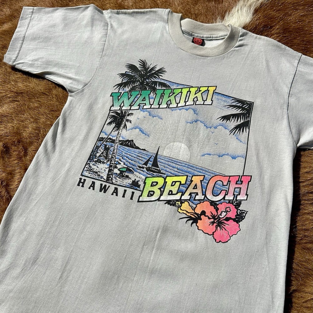 Vintage 90s Waikiki Hawaii Beach Graphic T Shirt USA Neon Retro Sail Nature Art