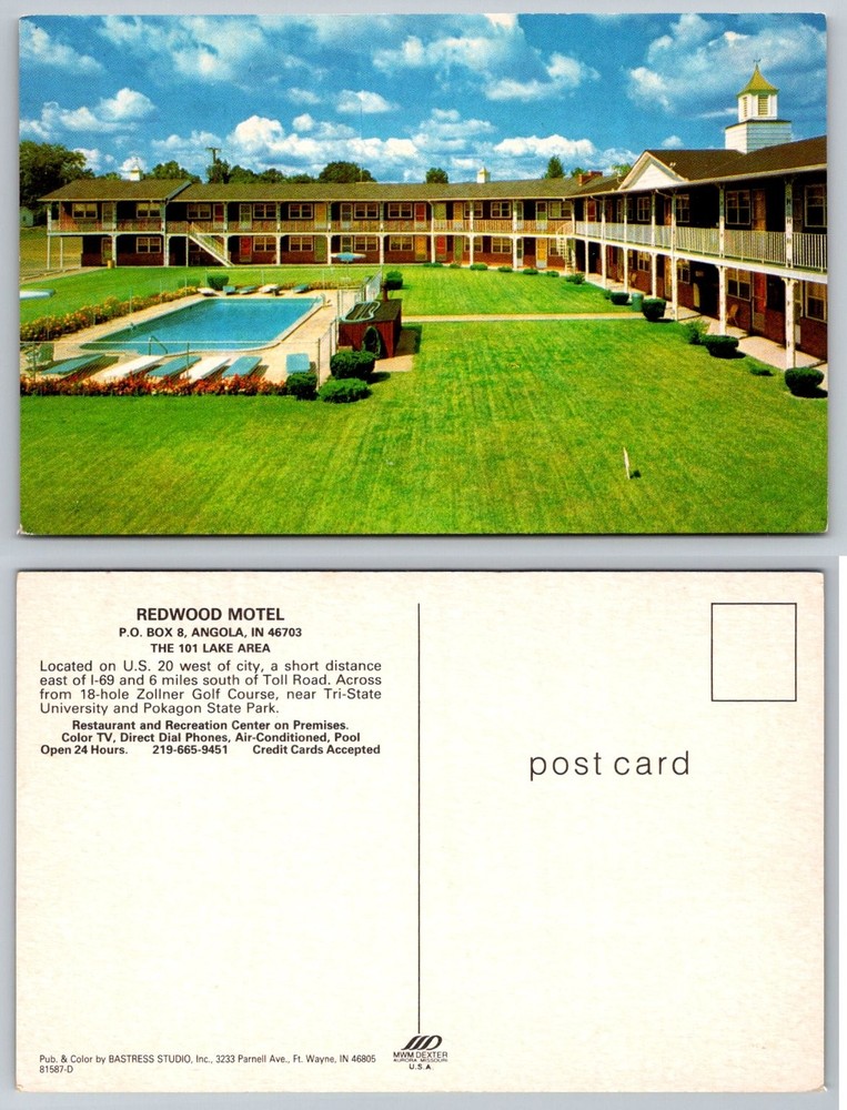 Redwood Motel Angola Indiana Postcard Swimming Pool Tri-State University