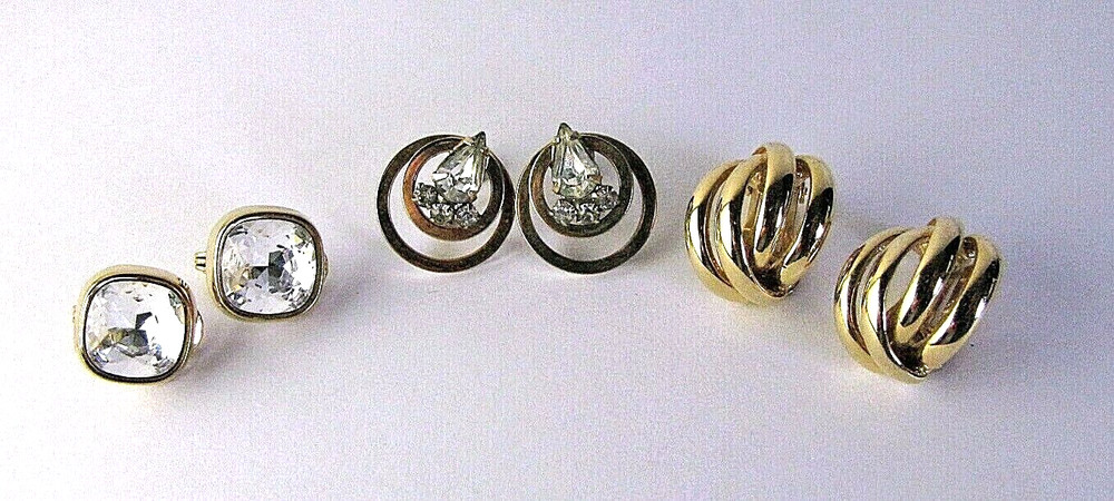 3- Pair Vintage Clip On Earrings Gold Metal Rhinestone Monet