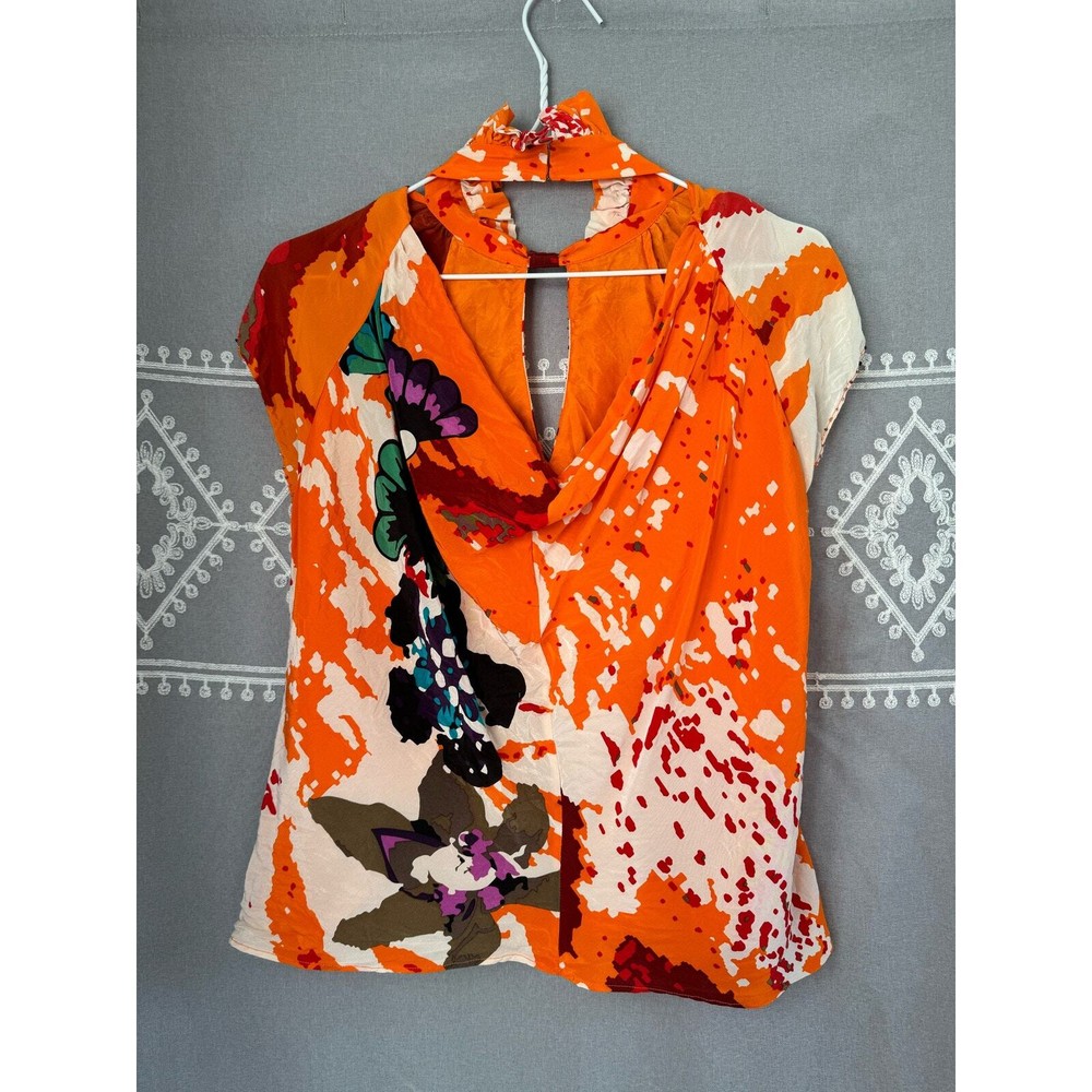 Meghan LA Womens Vibrant Floral Abstract Beaded Silk Top-image