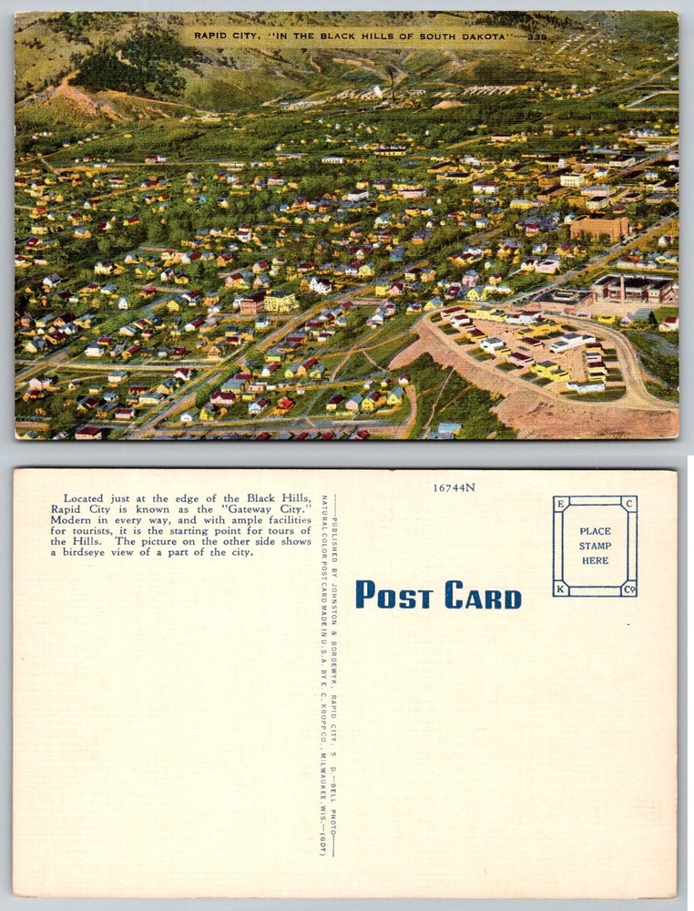 Rapid City South Dakota Birdseye View Black Hills Linen Postcard