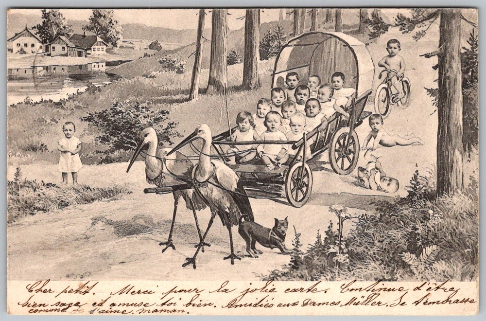 Antique Postcard Storks Pulling Baby Wagon Leysin, Switzerland 1900s