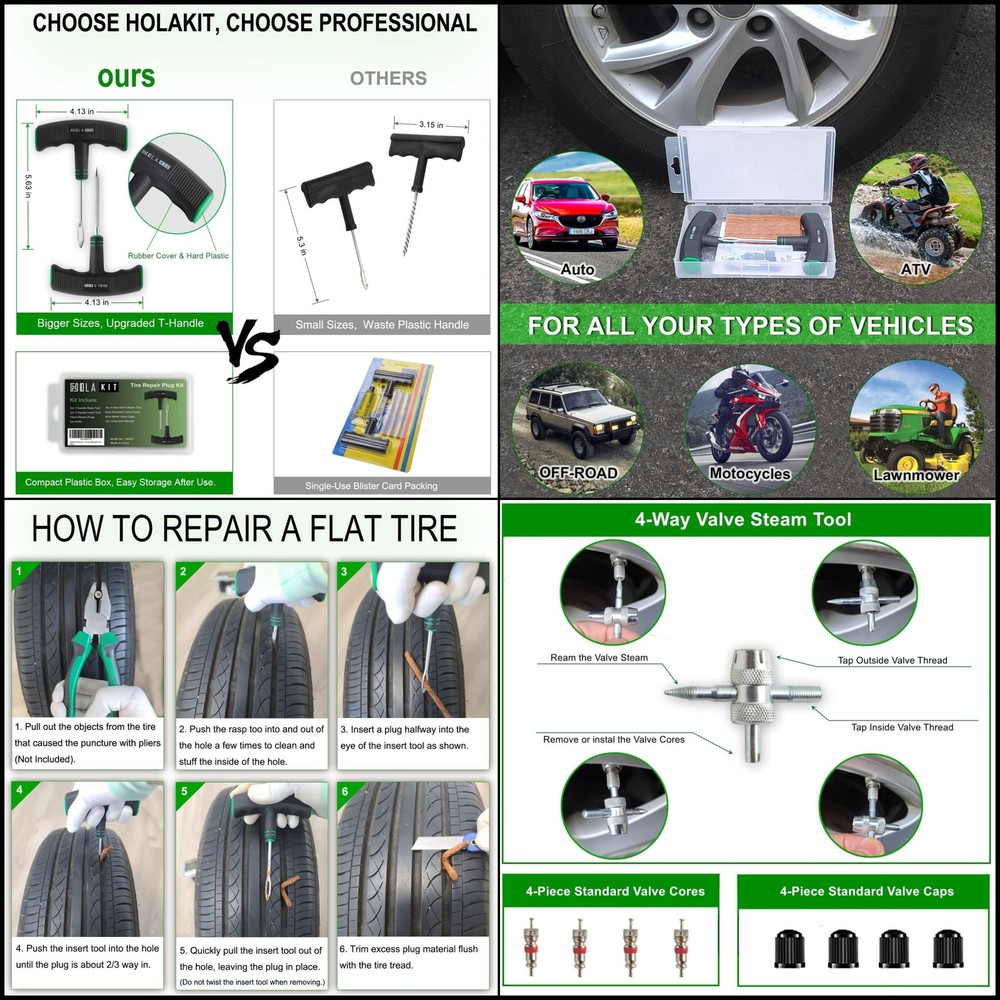HolaKit Tire Plug Kit, 22PCS Compact Tire Repair with Rubber Plugs,and T-Handle