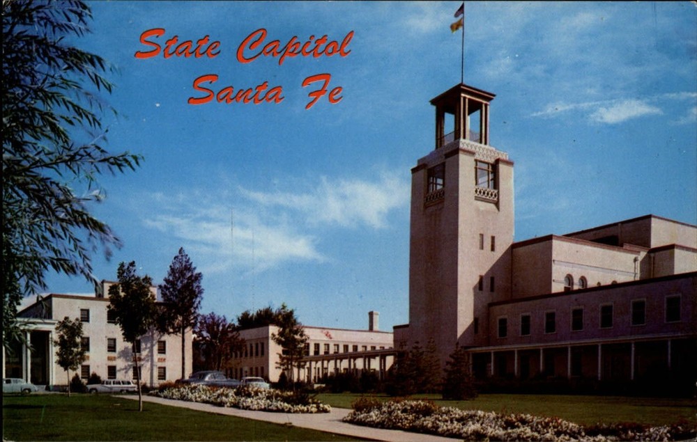 New State Capitol ~ Santa Fe New Mexico NM ~ 1950s cars ~ vintage postcard