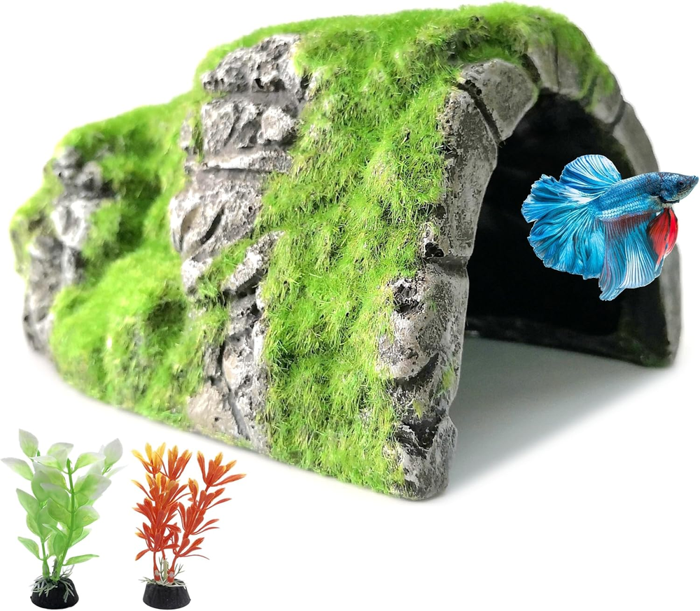 M2Cbridge Aquarium Fish Hideout House with Realistic Green Plants for Betta and Small Fish