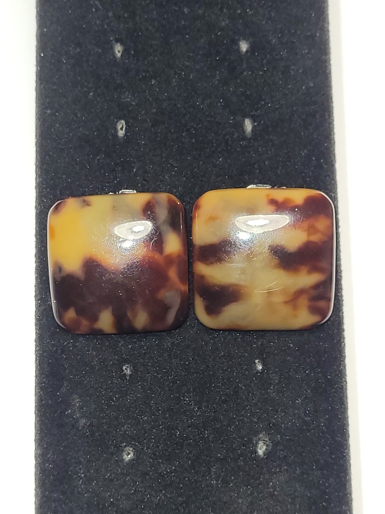 Vintage Faux Tortoiseshell Square Clip-On Earrings Brown Amber Retro Faux Lucite
