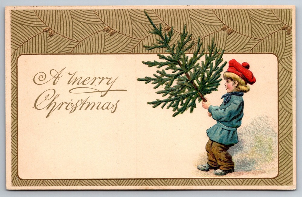 Little Boy in Red Hat Blue Coat by Tree Framed Christmas Postcard