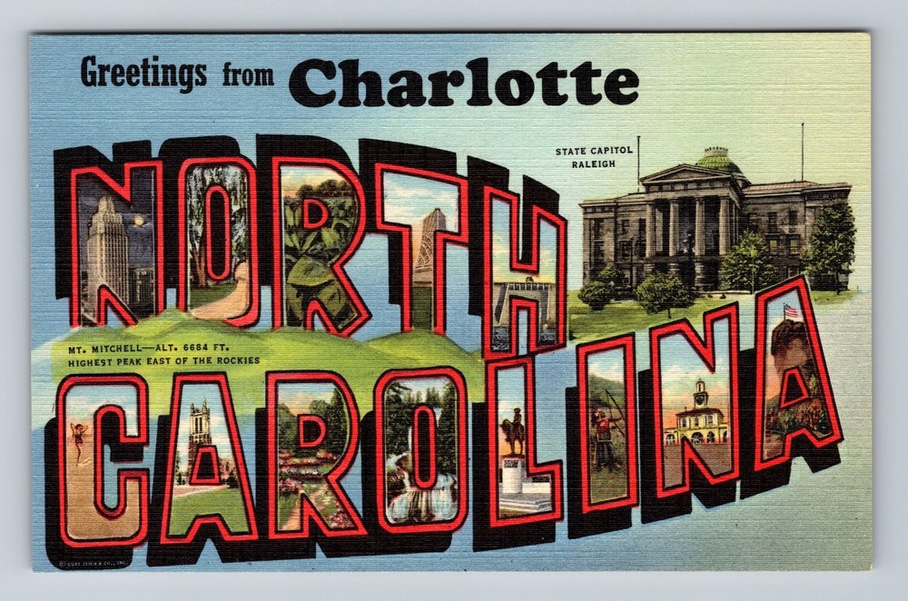 CHARLOTTE NC-North Carolina, LARGE LETTER GREETING, Vintage c1940 Postcard