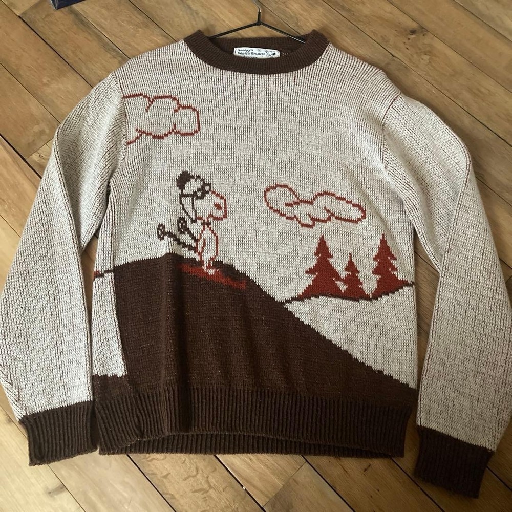 Vintage 1970s Peanuts Arrow Snoopy Ski Pattern Sweater Medium Both Sides
