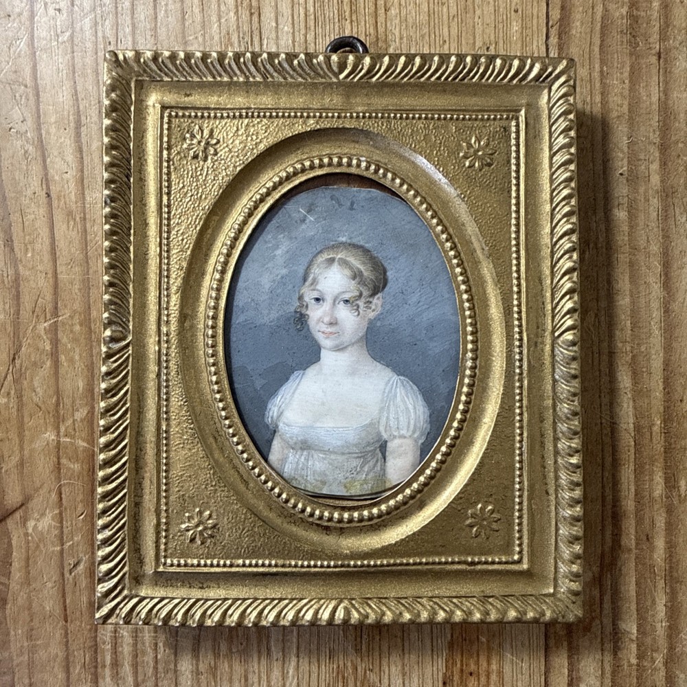 Antique 19thC Portrait Of Young Lady Miniature Portrait Painting In Gilt Frame