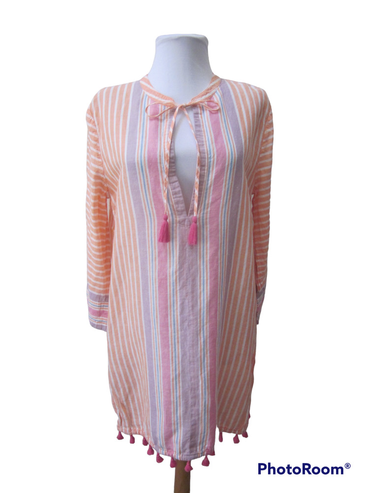J CREW Orange White Striped Linen Blend Tassel Trim Bathing Swimsuit Cover Up S