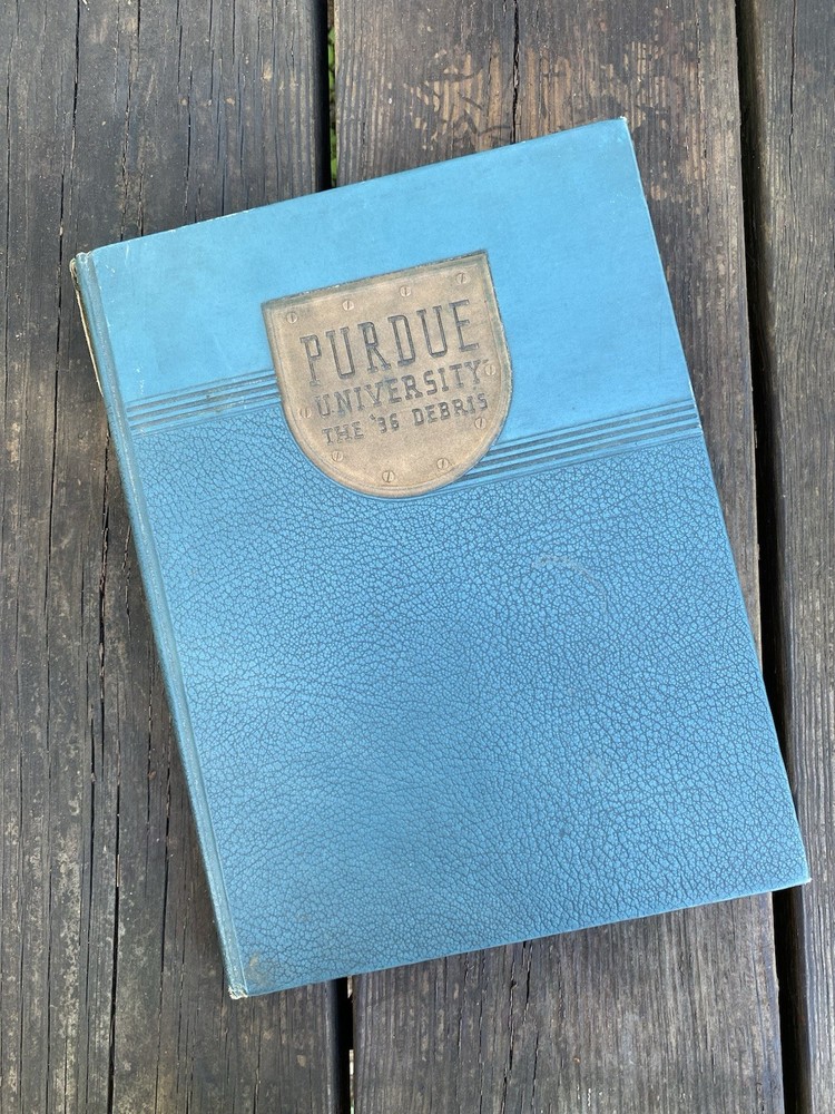 Vintage 1936 Purdue University Debris Yearbook Blue Hardcover Metal Shield Logo