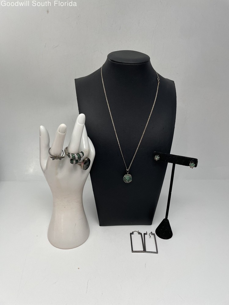 Silver Stamped/Unstamped Chain-Pendant-Earrings-Rings (6 Pcs) Weight 30.6g