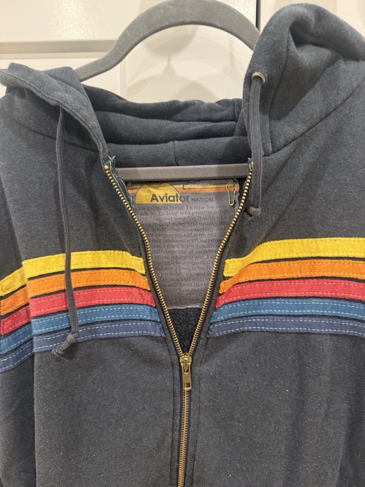 Aviator Nation Full Zip Striped Hoodie Dark Gray Rainbow Women's Knit