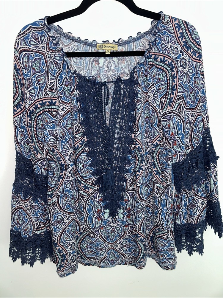 Democracy Embroidered/Lace Women's Blue Pink 3/4 Sleeve Boho Tie Top