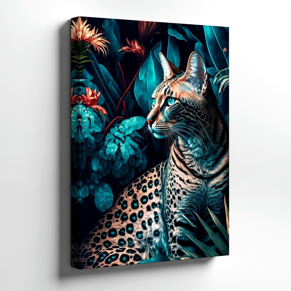Wall Art Exotic Spotted Wild Cat Tropical Jungle Leaves Animal Canvas Print