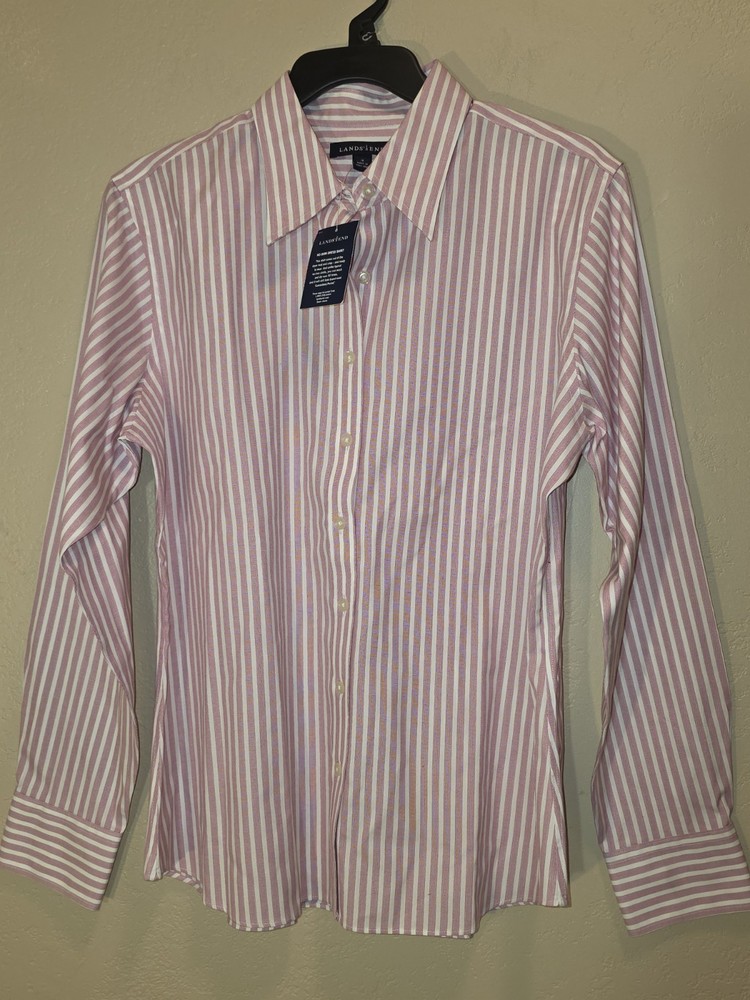 Lands' End No Iron Button-Up Collared Pink White Striped Shirt woman's 12