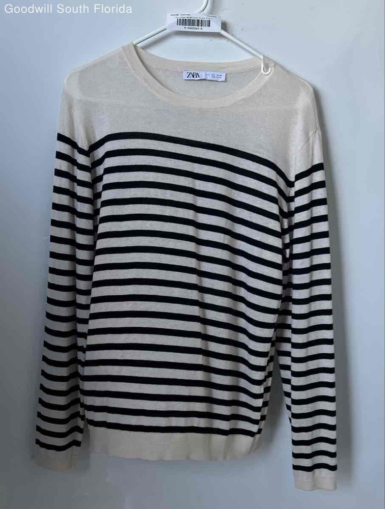 Zara Womens Beige Black Striped Long Sleeve Round Neck Pullover Sweater Size L
