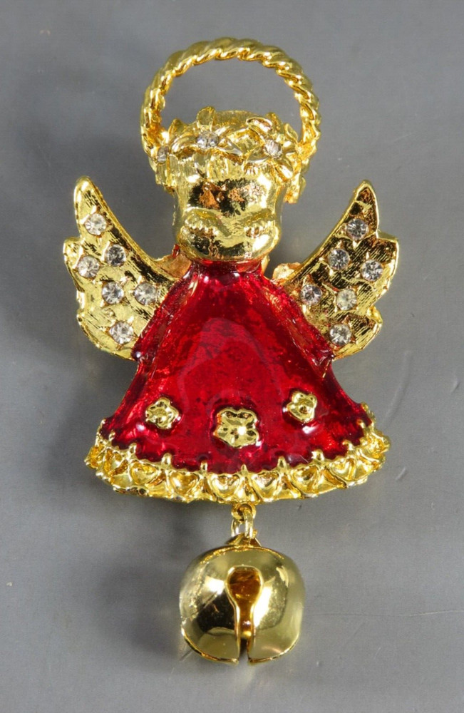 VTG BROOCH PIN Angel Cow w/Bell RED ENAMEL Clear Rhinestones CHRISTMAS GOLD TONE
