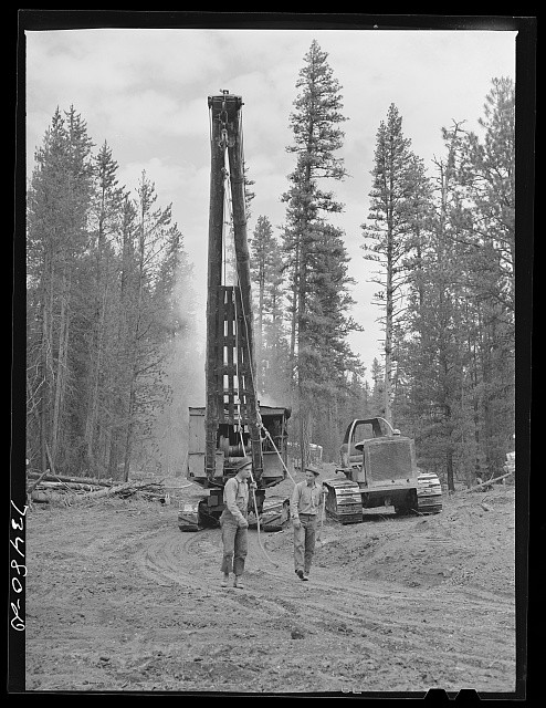 Photo:Forest Logging Drill Rig Workers 1930s Caterpillar Bulldozer