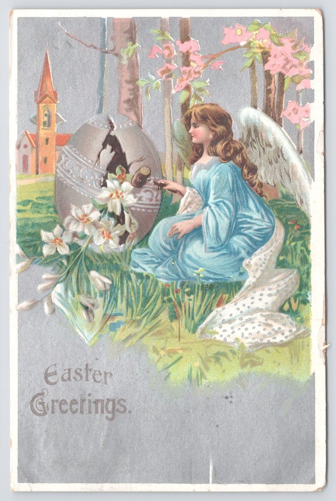 Holiday~Girl Angel By Cracked Egg & Daisies Easter Greeting~Vintage Postcard