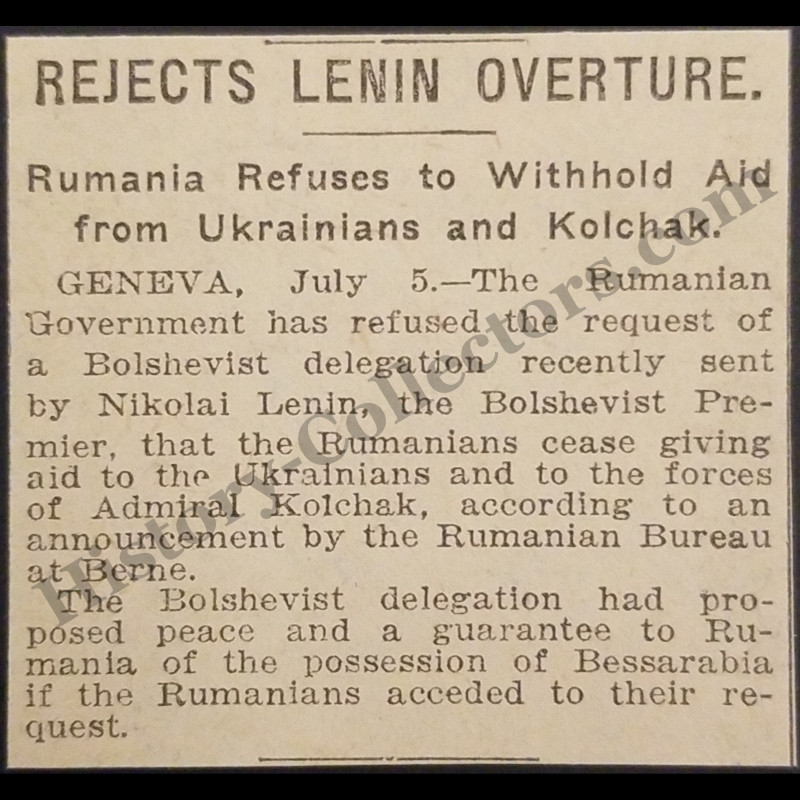 1919 Romania Rejects Lenin Diplomatic Proposal Print Clipping Russian Civil War