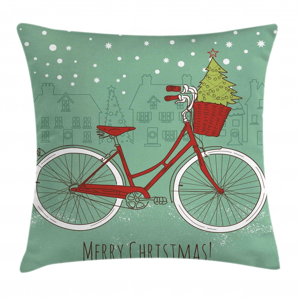 Retro Bike Xmas Tree Christmas Throw Pillow Case 16 Inch Square Cushion Cover
