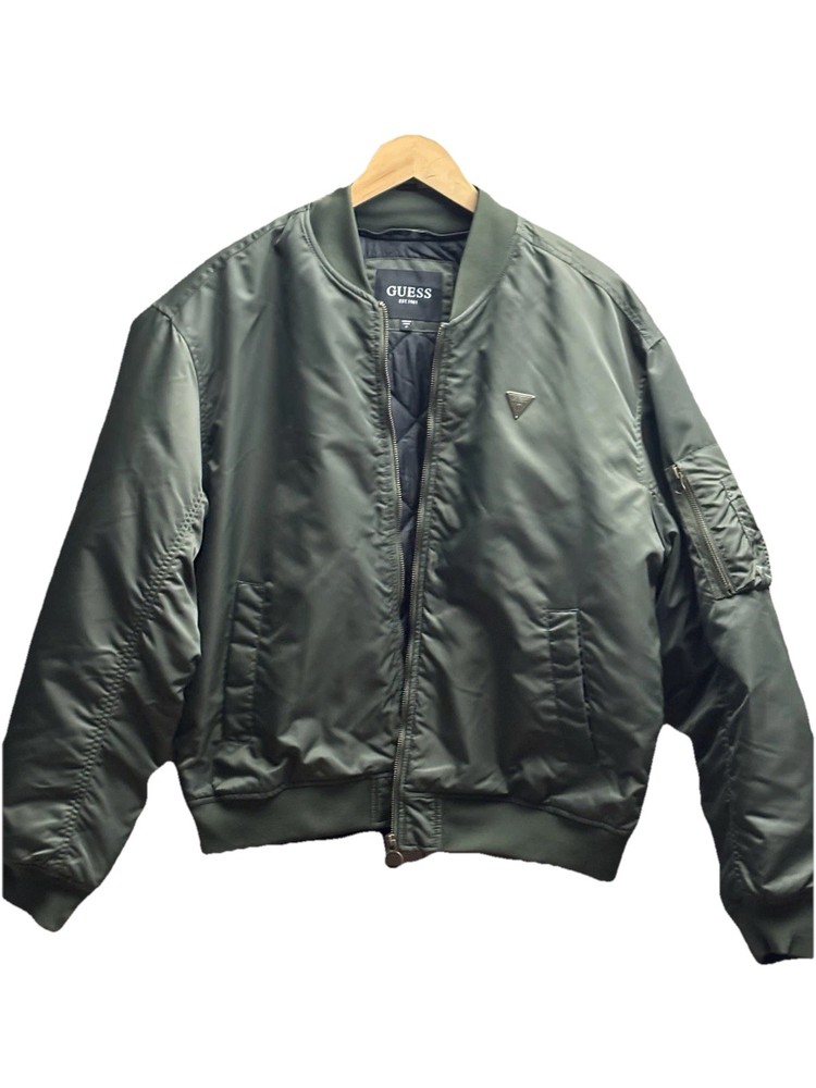 Guess Bomber Jacket with Removable Hood, Men’s, Medium, M, Olive Green, Zip