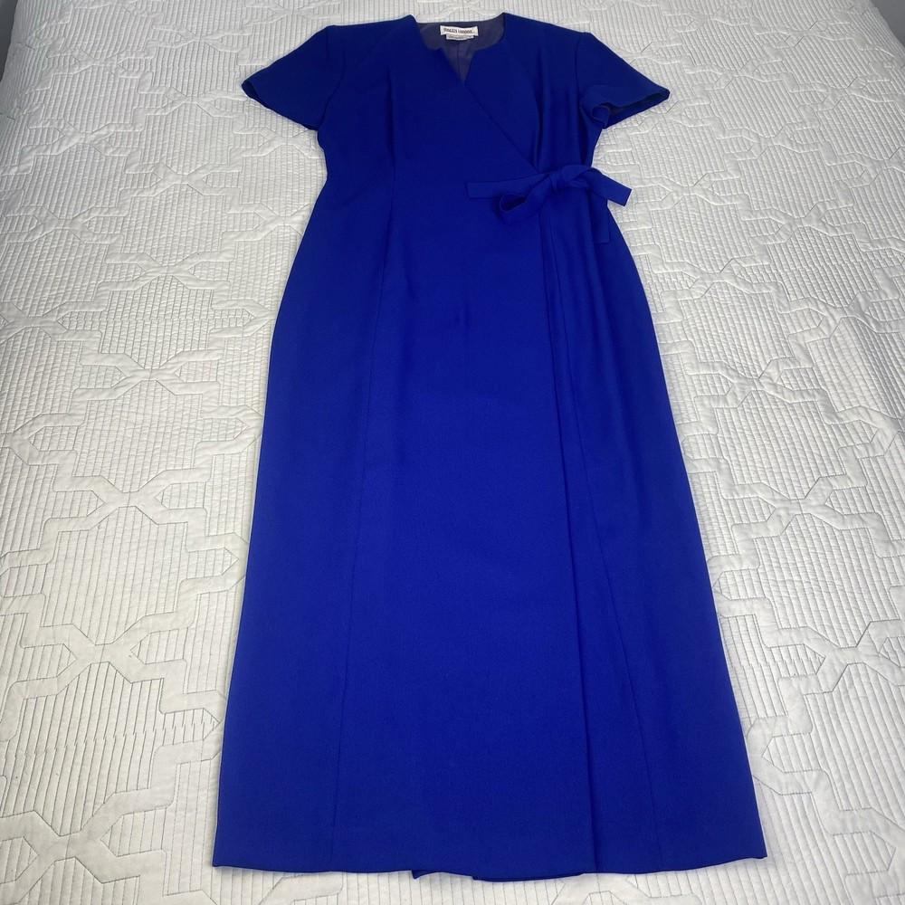 Vintage Maggy London Royal Blue Wrap Maxi Dress Size 8 Short Sleeve Classic 90s