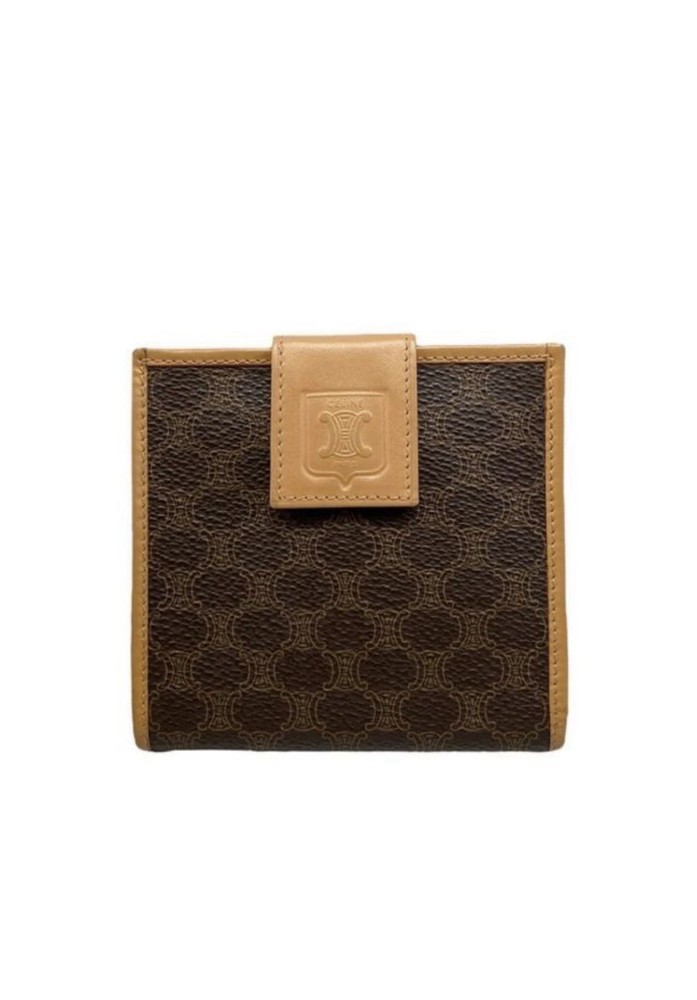 Vintage CELINE Macadam Compact Wallet Brown Canvas Leather Italy Snap Closure
