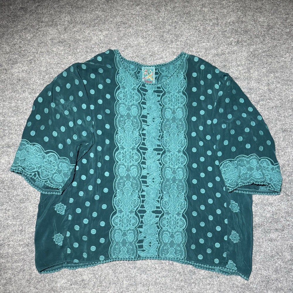 Johnny Was Cupra Rayon Tunic Shirt Medium Floral Polka Dot Embroidered Boho Teal