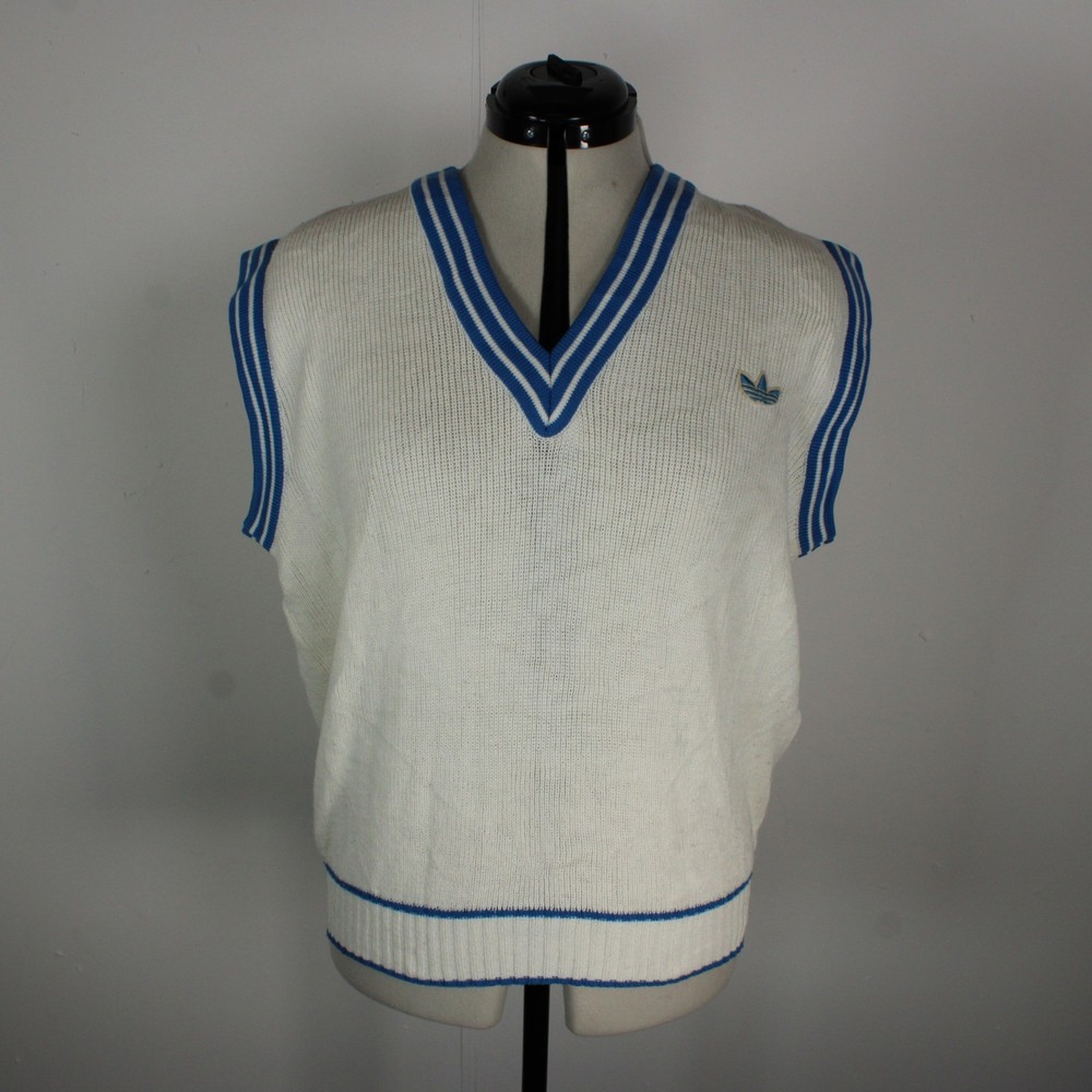 Adidas 70s Vintage Tennis Vest Mens M White Blue V Neck Cotton Knit Sport