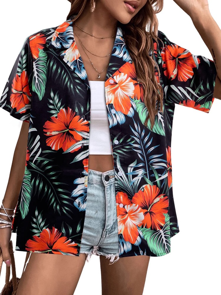 Womens Hawaiian Shirt Tropical Floral Print Summer Short Sleeve Button Down