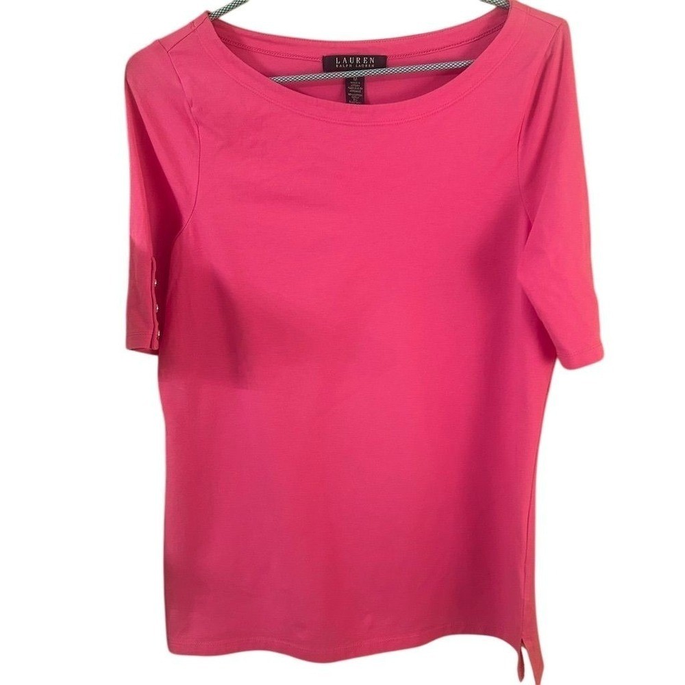 Lauren Ralph Lauren Women's Pink Boat Neck 3/4 Sleeve Button Detail Top Size M