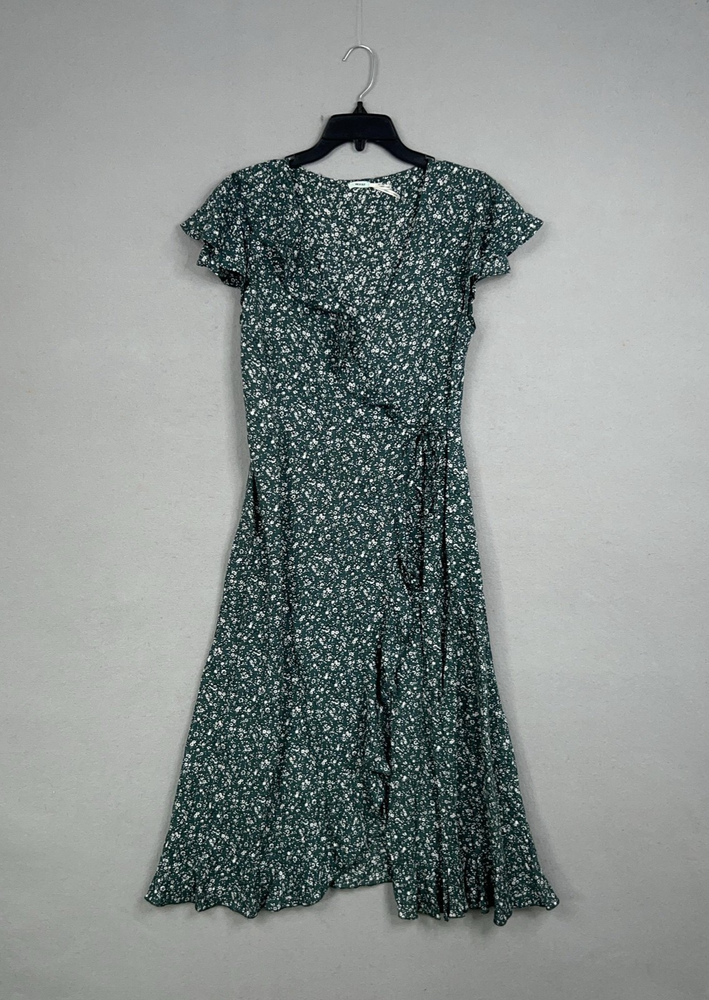 Kimchi Blue Dress Womens Medium Green Floral Wrap Ruffle Flutter Sleeve Cottage