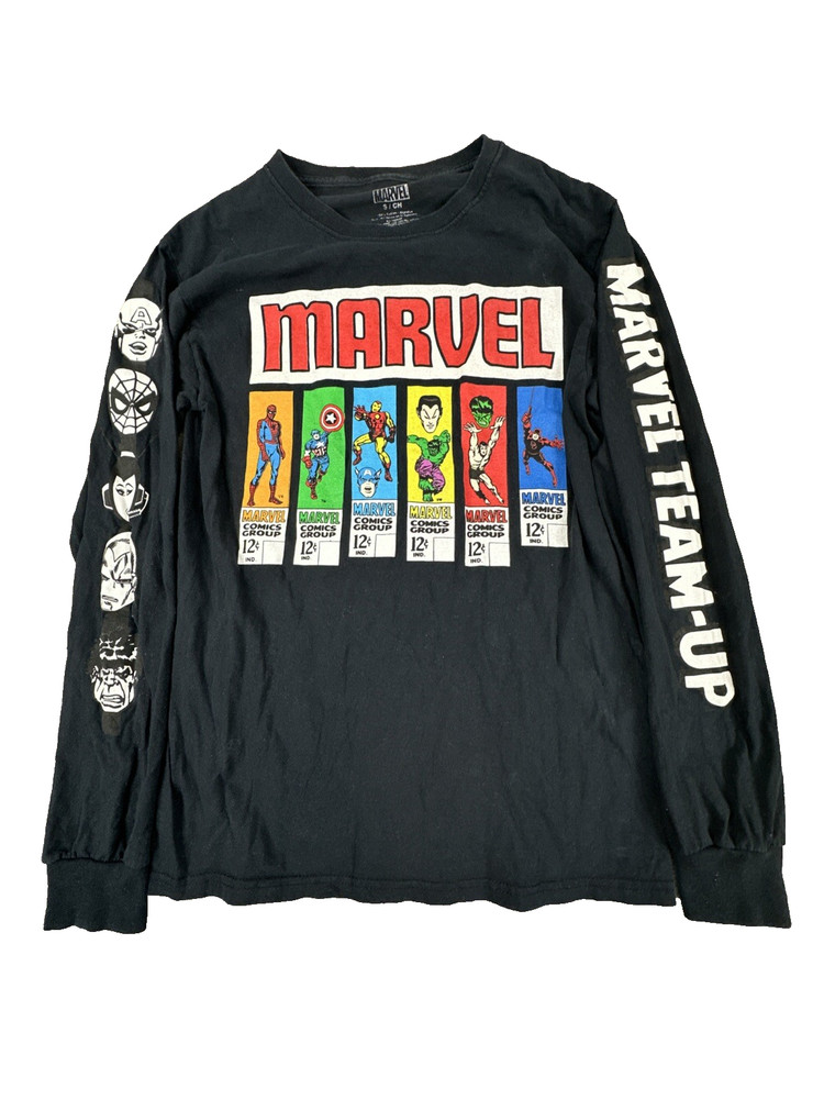 Vintage Marvel Comics Team Up Long Sleeve T-Shirt Men’s Size S Black Retro Grid