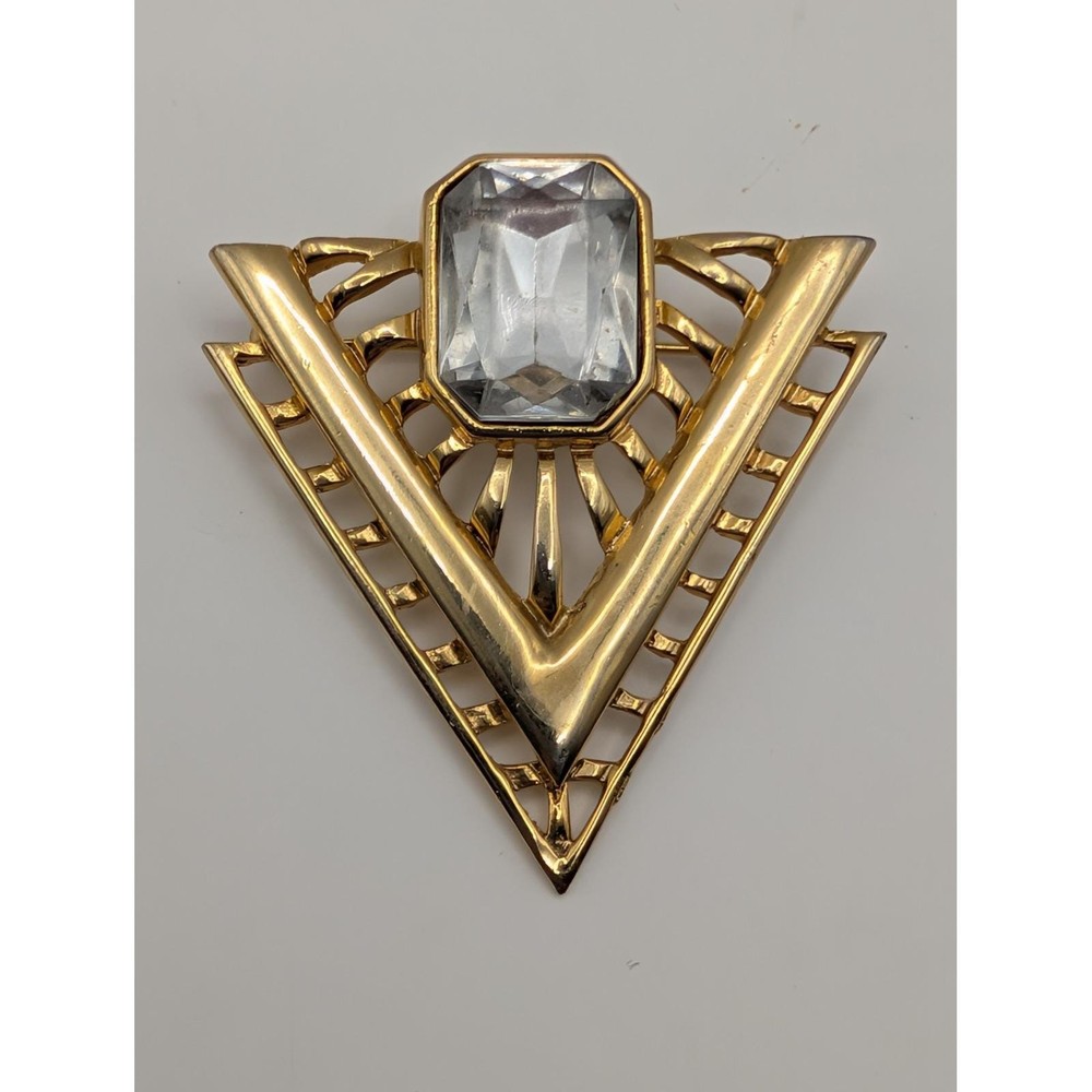 Art Deco Style Triangle Brooch Gold Tone Clear Crystal Rhinestone Geometric Pin