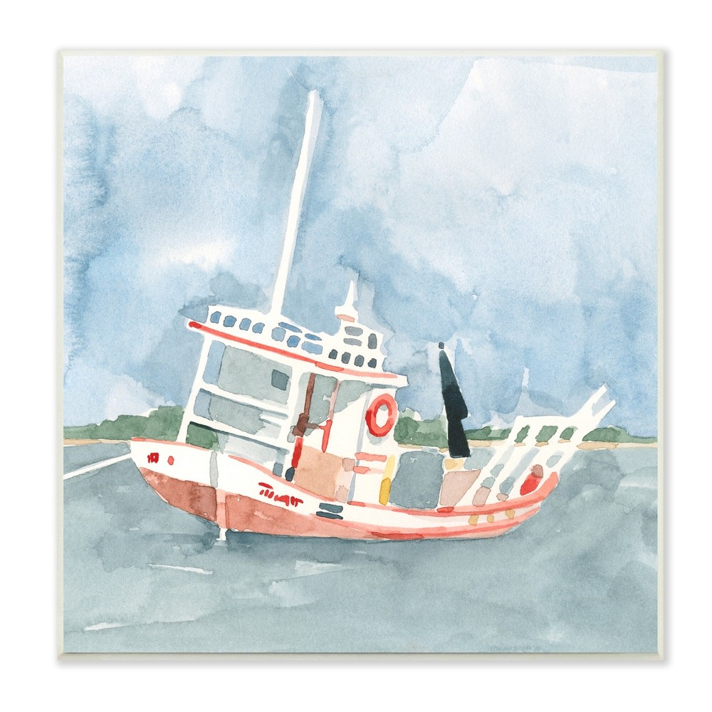 Stupell Fishing Boat Sea Travel Vessel Watercolor Painting Wood Wall Art - Blue